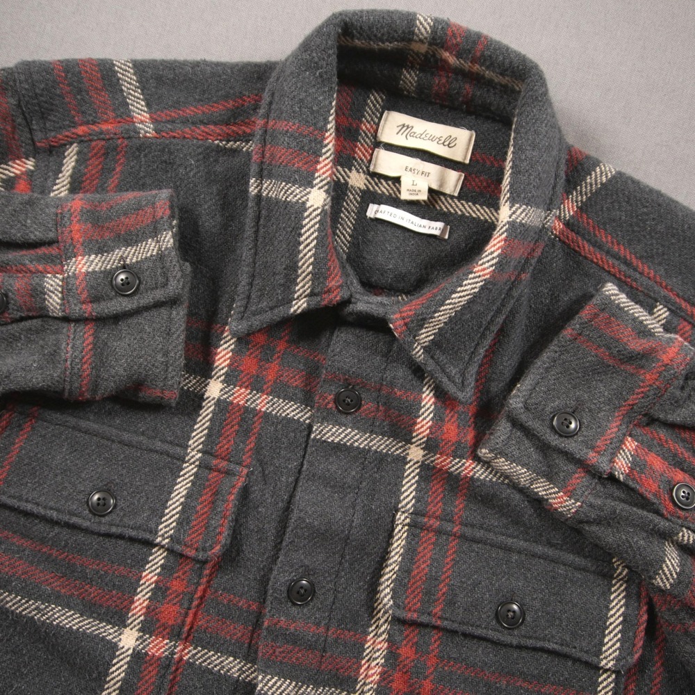 Madewell Italian Fabric Plaid Heavy Flannel Men Shirt L Gray Retro Point Collar
